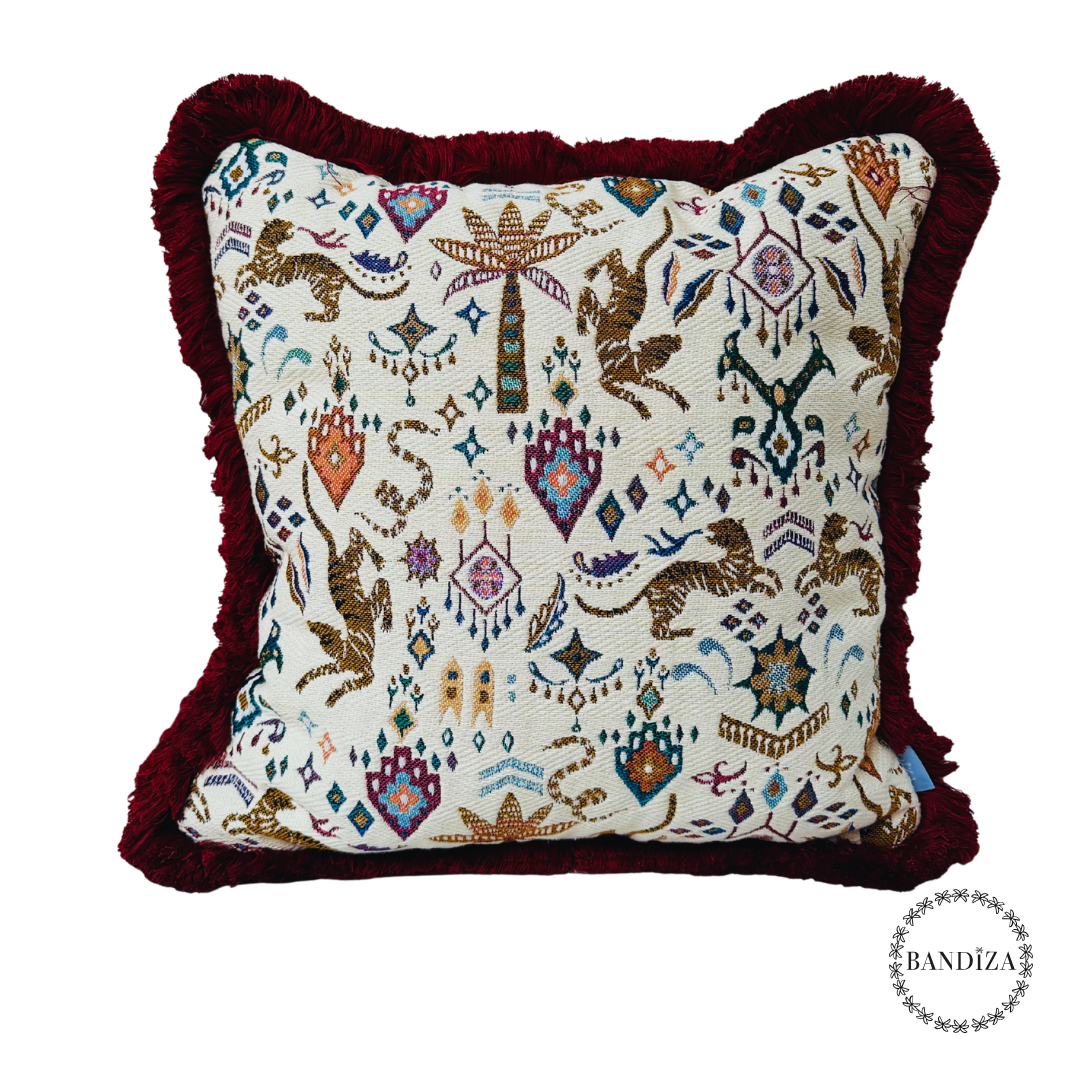Kussen Selva boho - 45x45 cm – Jacquard met botanisch design en rode franjerand
