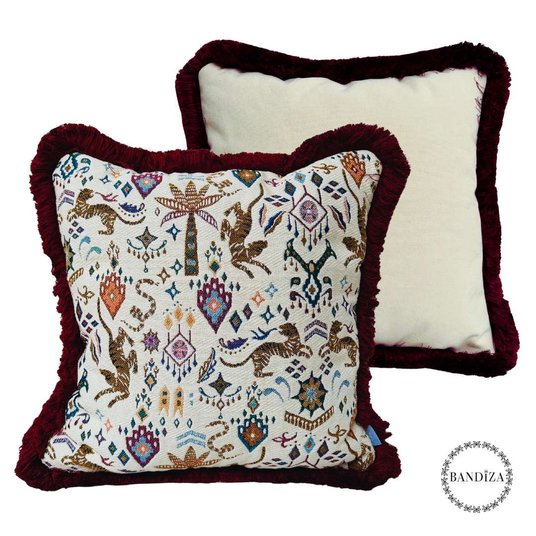 Kussen Selva boho - 45x45 cm – Jacquard met botanisch design en rode franjerand