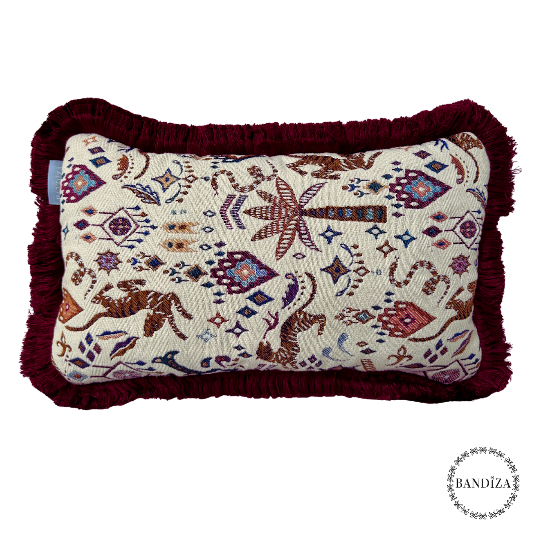 Kussen Selva boho - 50x30 cm – Jacquard met botanisch design en rode franjerand