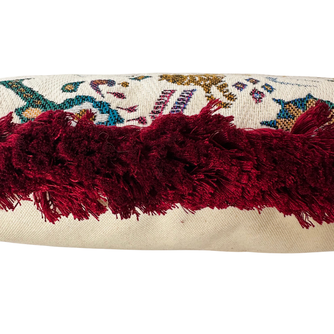 Kussen Selva boho - 50x30 cm – Jacquard met botanisch design en rode franjerand