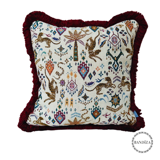 Kussen Selva boho - 45x45 cm – Jacquard met botanisch design en rode franjerand